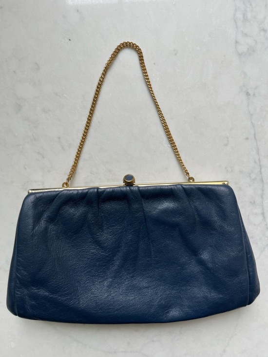 Joseph Magnin Handbags - Vintage Navy Leather Clutch / Chain-Handle Evening Hand Bag